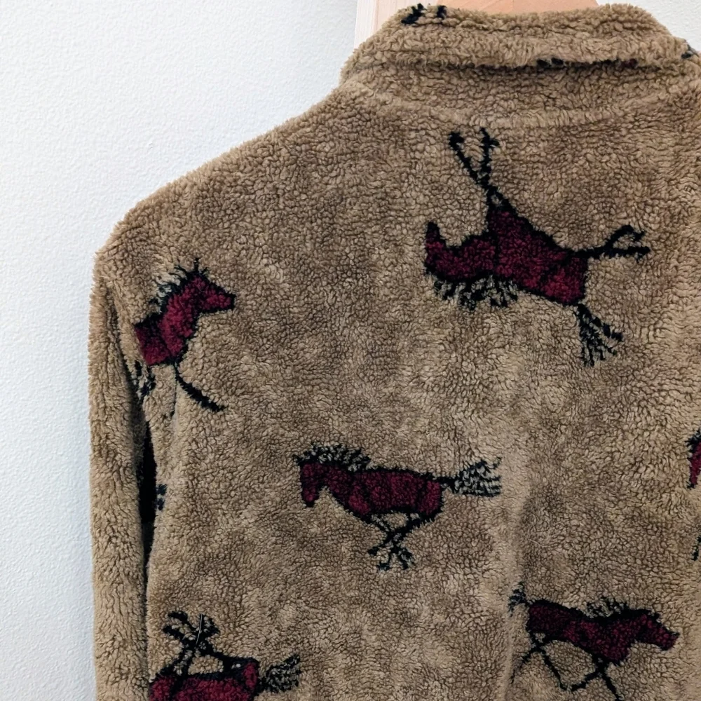 Vintage 90's Equestrian Collared Button Down Fleece Jacket In Tan/Black/Burgundy - Picture 9 of 11